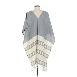 Tribe Alive Poncho Womens One Size Blue White Striped Cotton Tassel Boho Kimono